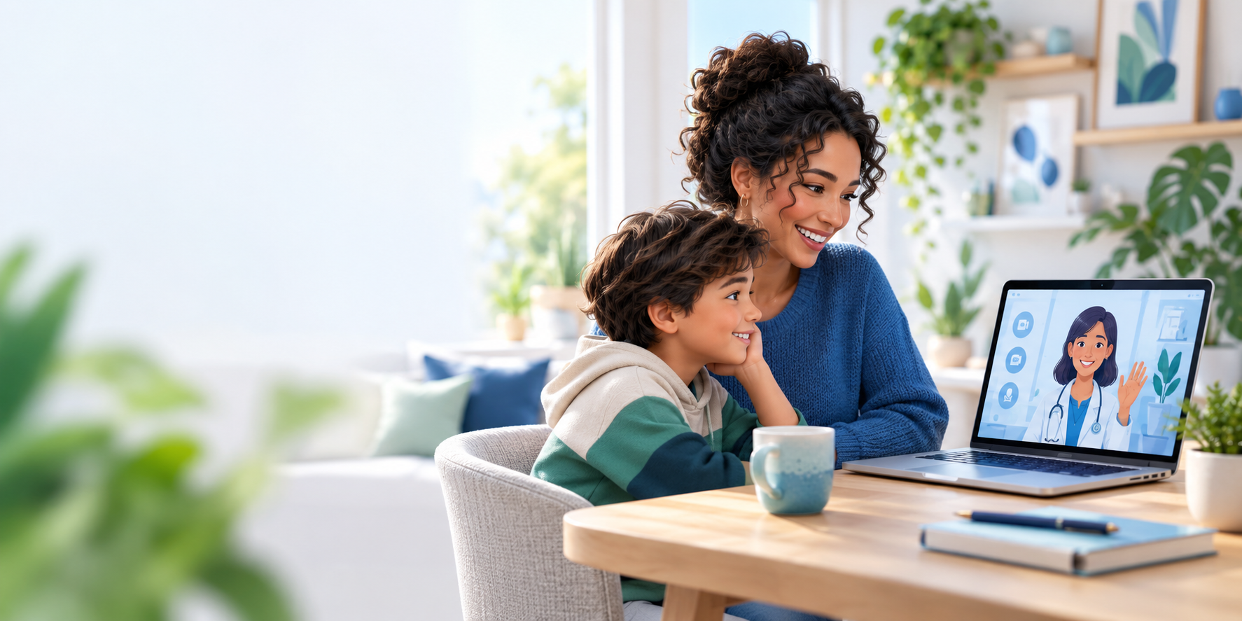 Illustration of a parent and child speaking with a clinician by video